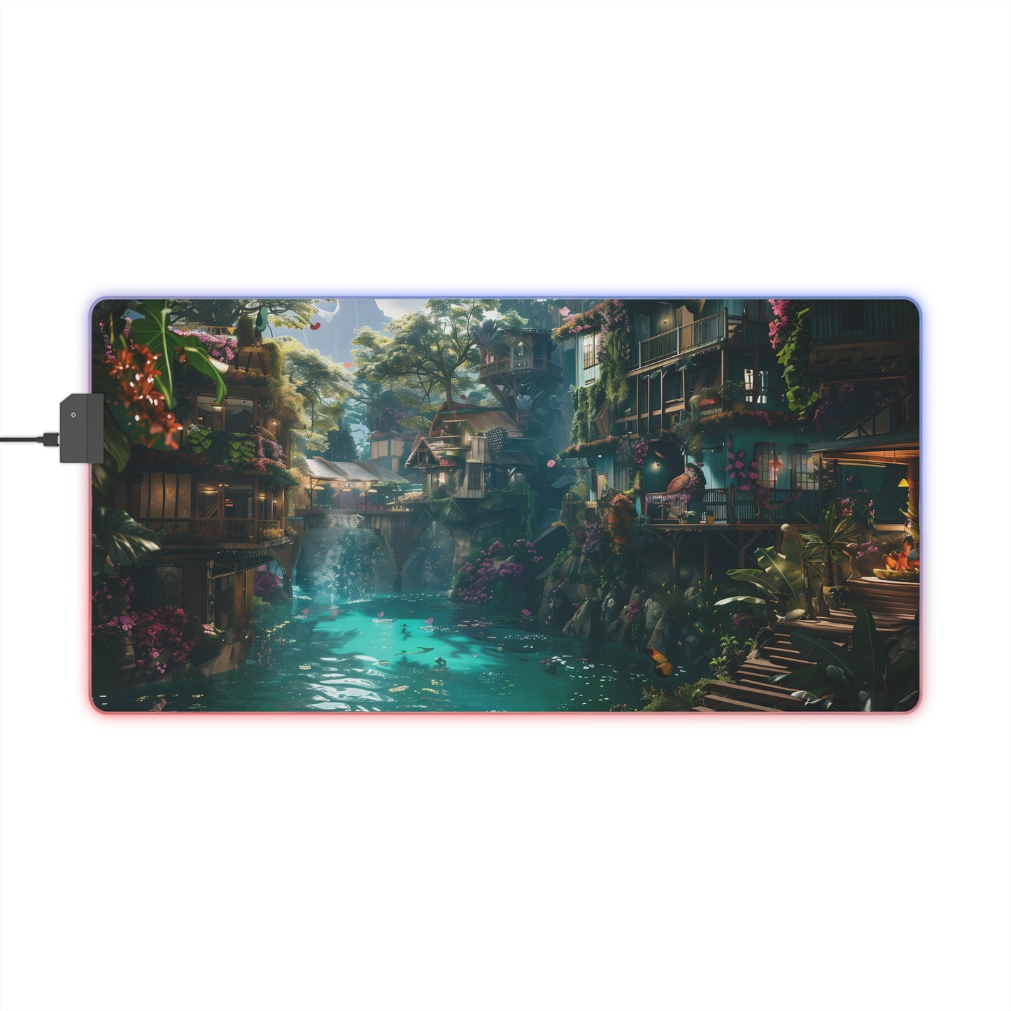 RGB Gaming Mouse Pad ( River With Houses, Abstract Style )