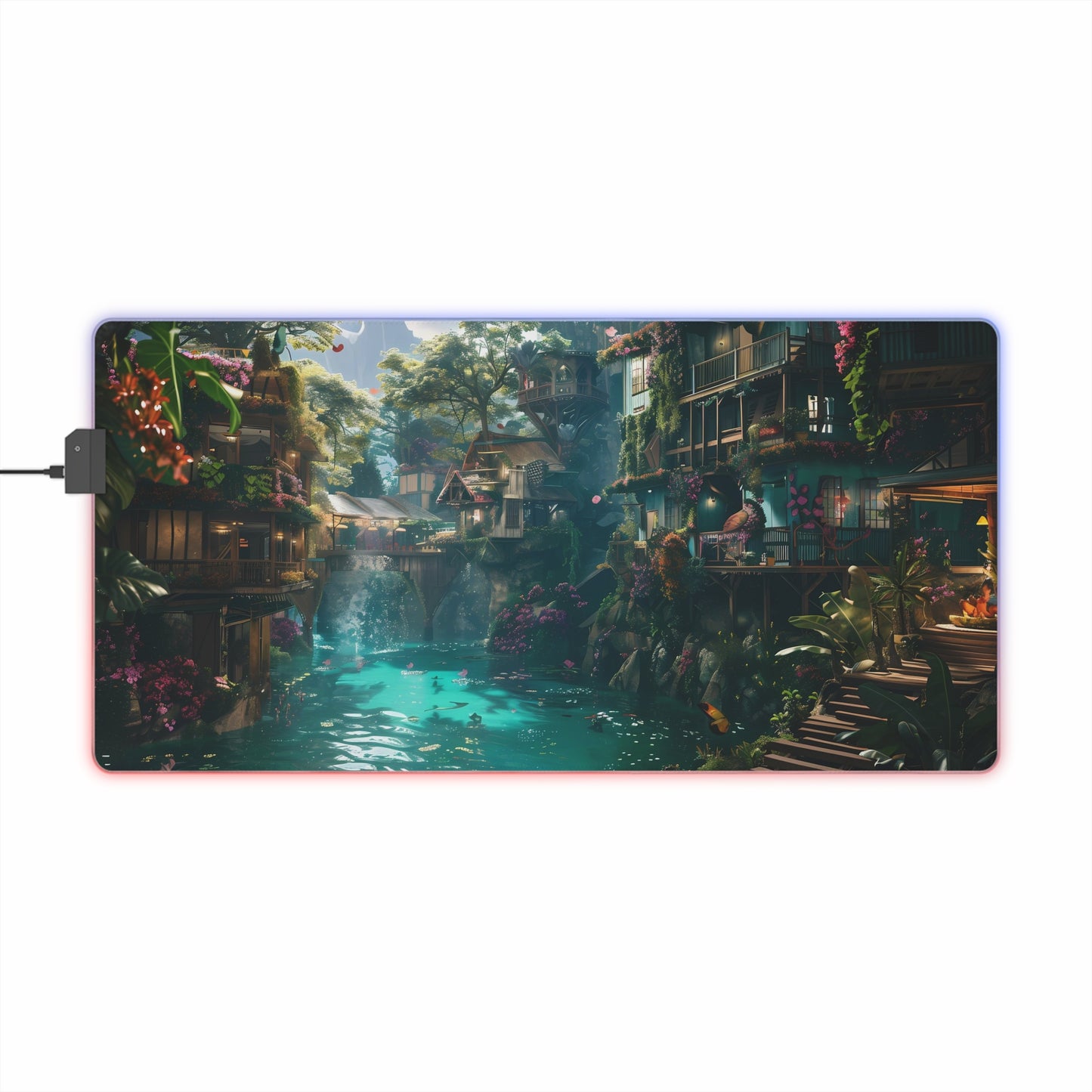 RGB Gaming Mouse Pad ( River With Houses, Abstract Style )