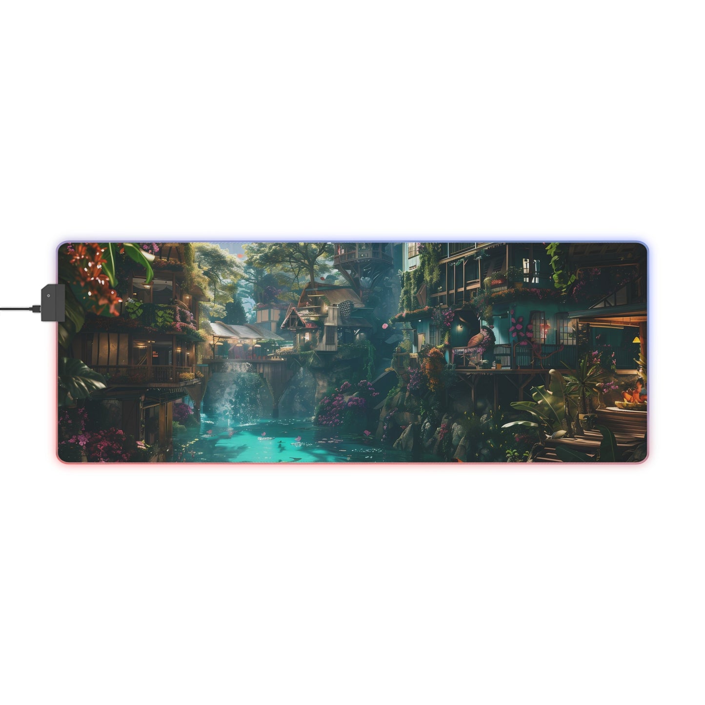 RGB Gaming Mouse Pad ( River With Houses, Abstract Style )